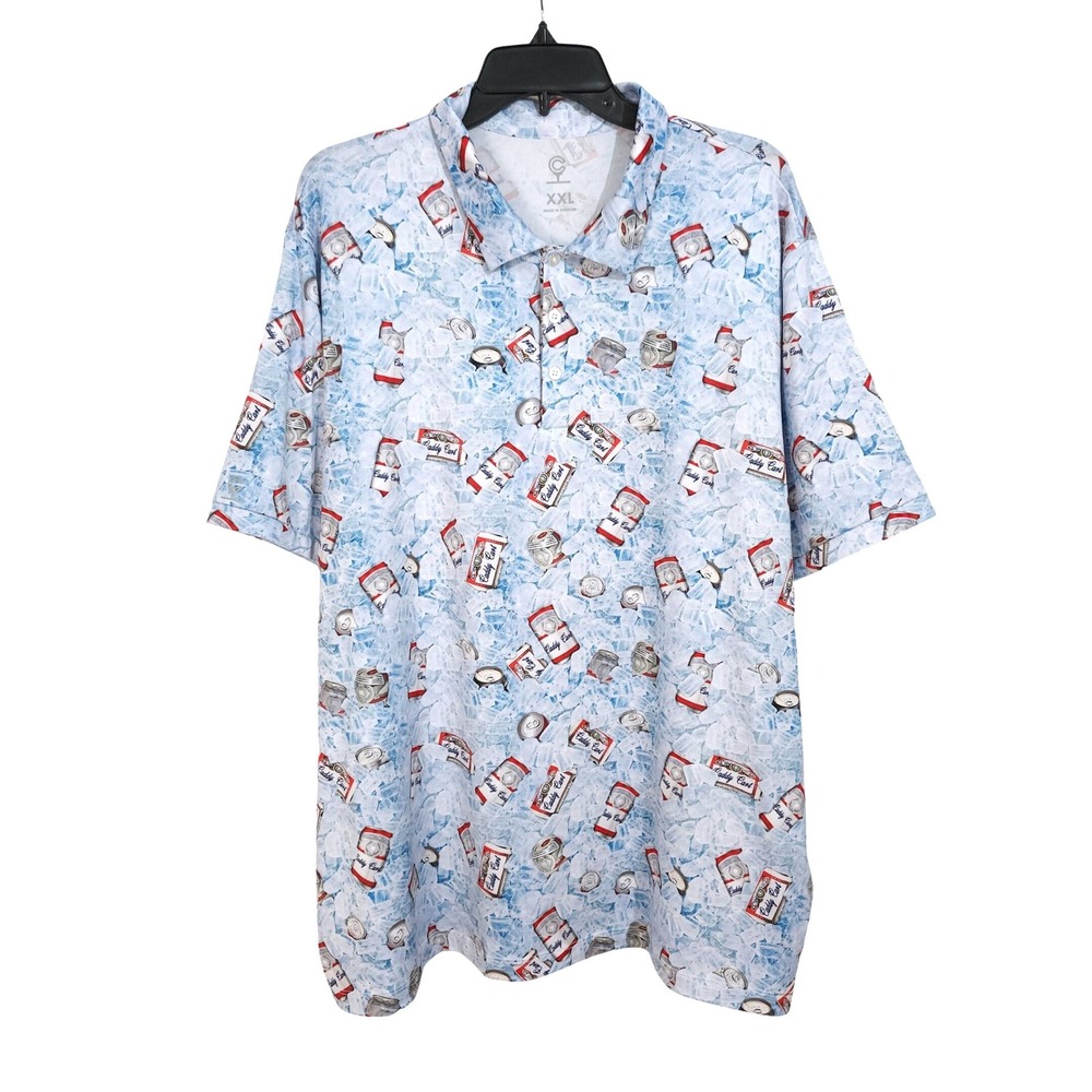 Caddy Cart Golf Polo Shirt Mens XXL Beer Cans On Ice All Over Novelty Print - Picture 1 of 7